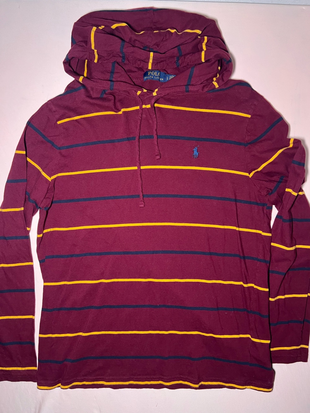 Polo-Style Maroon Stripe Long-Sleeve Hoodie Shirt